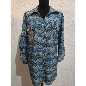 Kim Rogers Womens 2X Button-Up Zigzag Pattern Shirt With Roll-Tab Sleeves boho